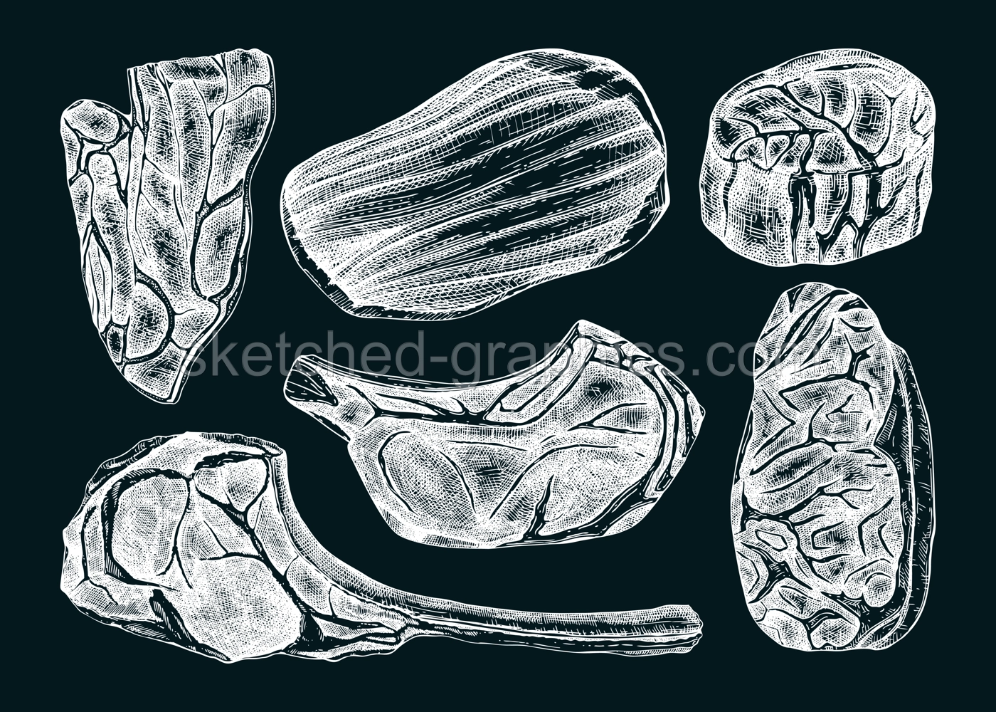 Raw meat sketches set. Hand drawn food illustrations on chalkboard. Vector drawings of filet mignon, rib eye, striploin, flank, tamahawk steaks.  Illustration